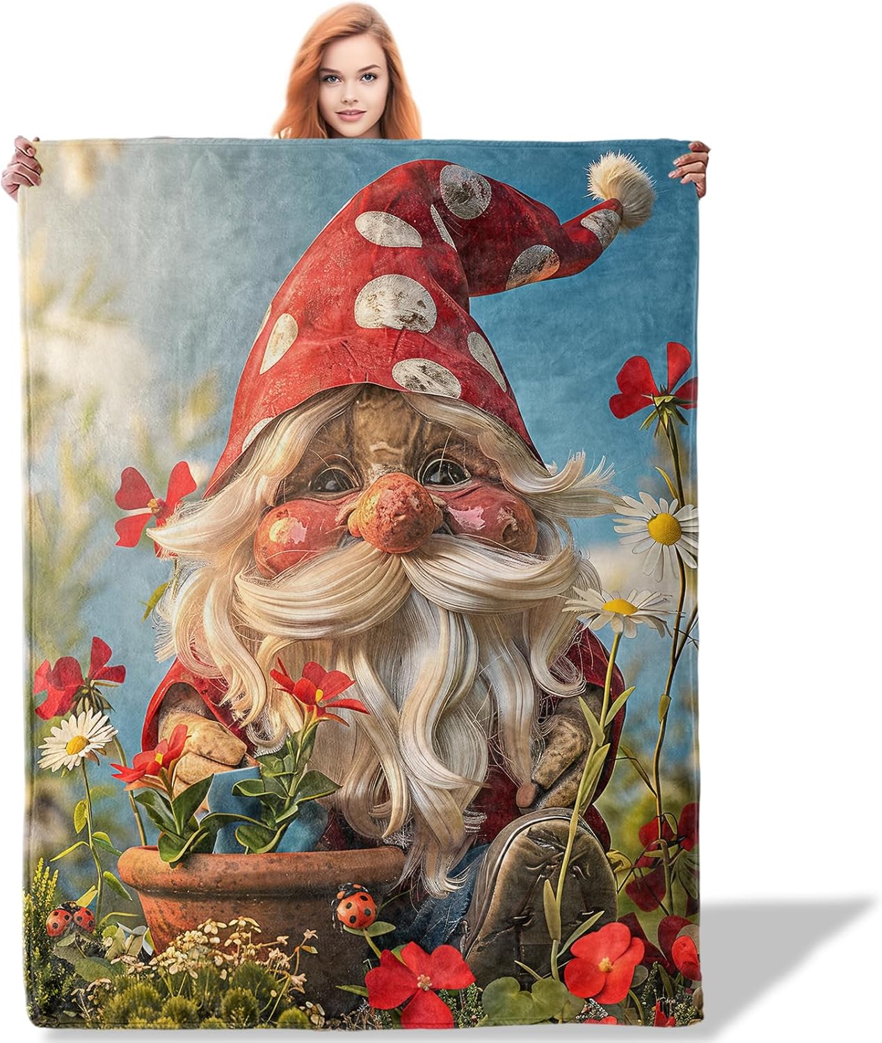 Gnome Garden Throw Blanket for Women Girls Boys, Soft Flannel Blankets Gifts for Living Room Couch, Home, Sofa Decor, 40"x50"