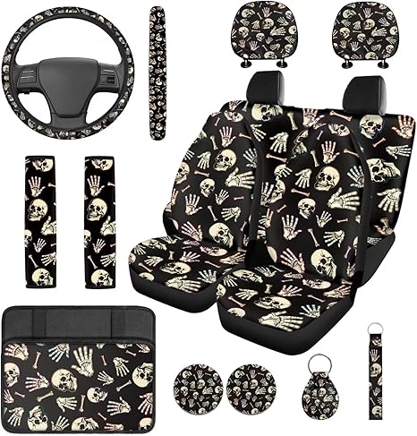 ELEQIN Funny Skull Car Accessories Front Rear Seat Covers Steering Wheel Seat Belt Headrest Covers Coaster Center Console Cushion Pad Keychain 14 Pcs Full Set Fit Most SUV Van Sedan Truck