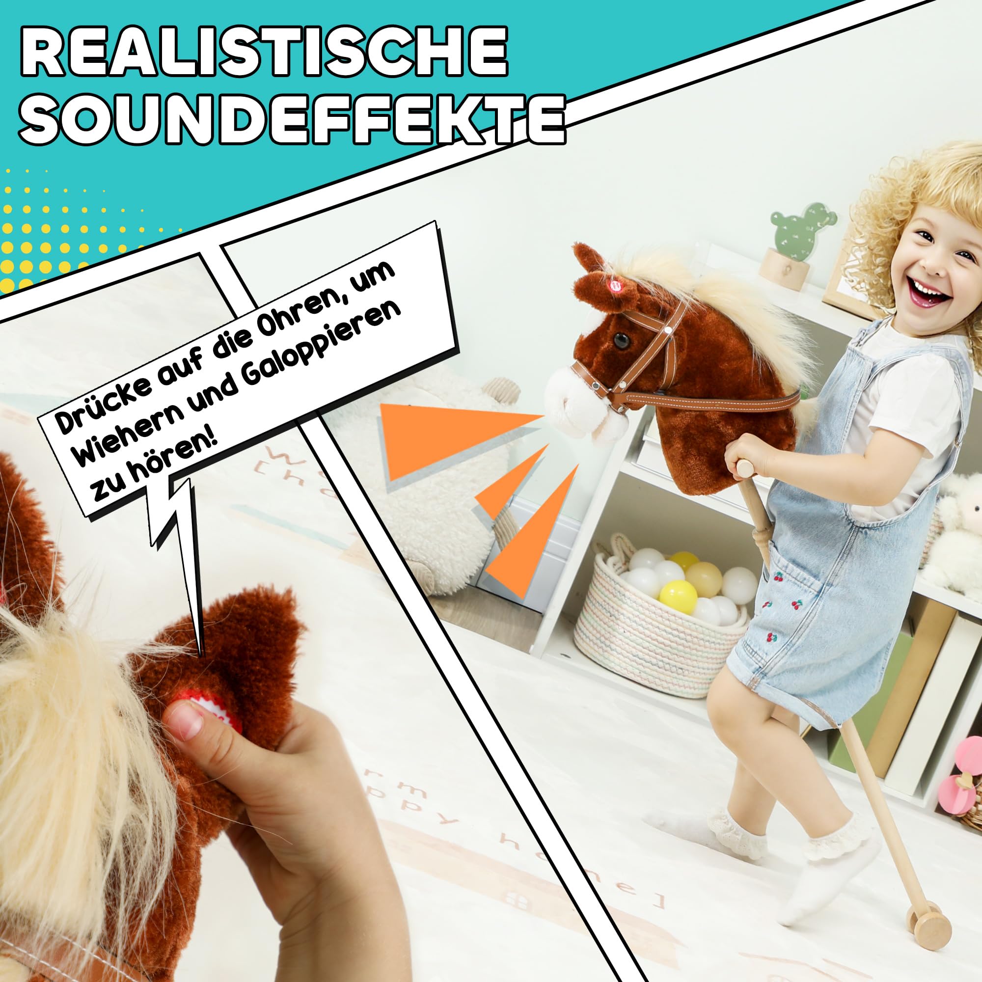 AIYAPLAY Hobby Horse Steckenpferd mit Sound, Griffe, Rolle, Holzstock, Hobby Horsing aus Polyester mit Langer Mähne für Kinder 24+ Monate, Stockpferd & Rollenspiel