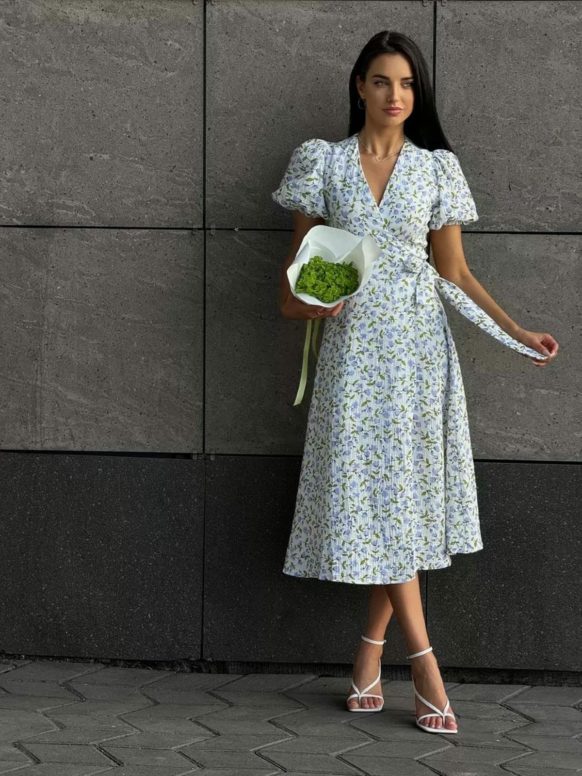 Robe Femme Maxi À Col en V Floral pour Femmes Manches Bouffantes-l'impression d'amour sur Fond Blanc-l