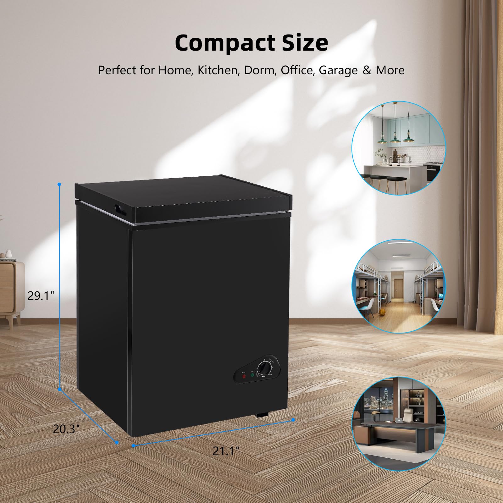 Geekman Chest Freezer 3.5 Cubic Feet Capacity with Removable Basket, Defrost Water Drain, 6 Level Adjustable Temperature, Energy Saving, and Top-Open Door for home, bar, office (Black) on Fridge.com