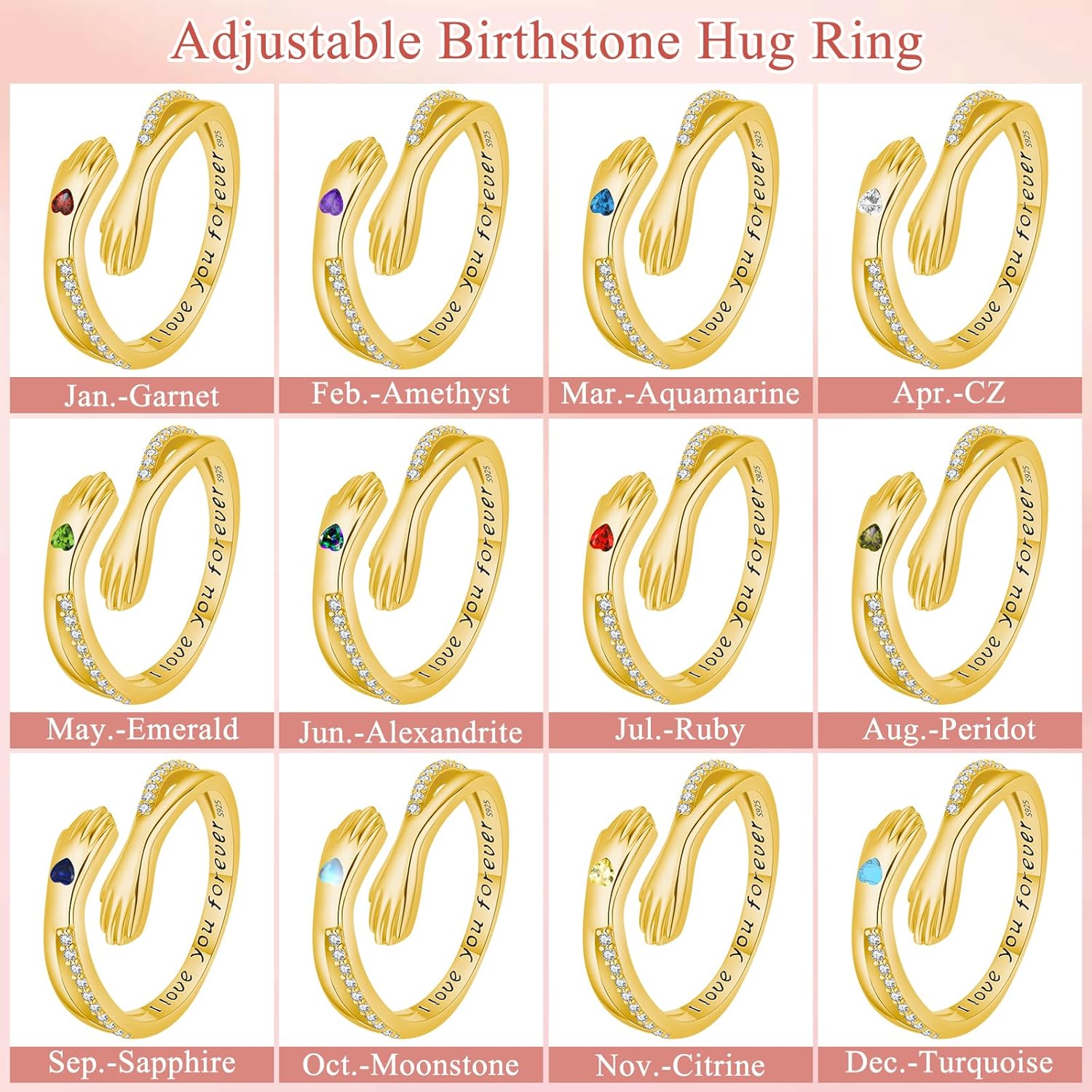 Hug Rings for Women Birthstone Hug Rings 925 Sterling Silver Adjustable Hand Ring Open Jewelry Daughter Gifts From Mom Mother Teens Mother's Day Amavive - Image 2