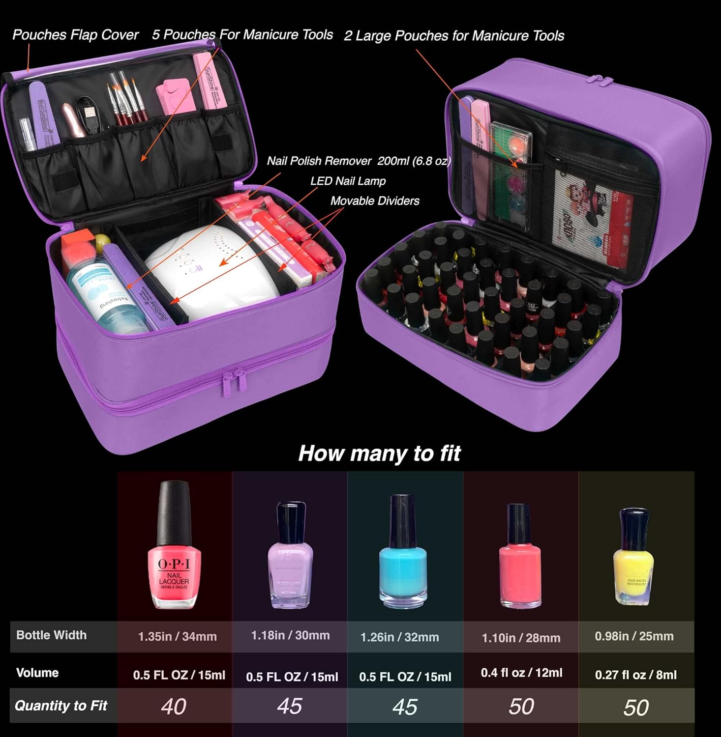 ButterFox Large Nail Polish Organizer Storage Case, Fits Nail Lamp Dryer and 40-50 Nail Polish Bottles (0.5 fl oz - 0.3 fl oz), Gel Nail Polish Kits Supplies Bag