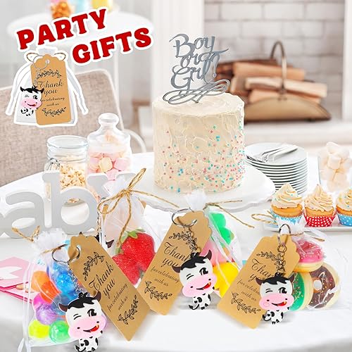 Miniatura 5 de Sasylvia 144 piezas de recuerdos de fiesta de vaca incluyen 36 juegos de llaveros de vaca con etiquetas de papel kraft de agradecimiento, pulseras