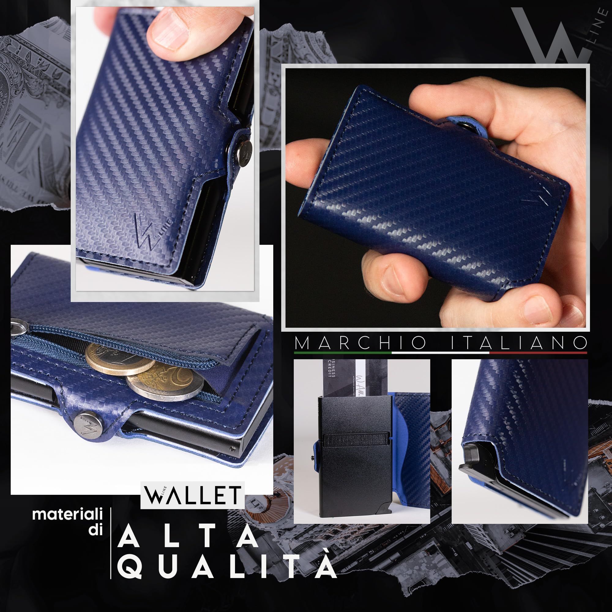 WLine Portafoglio Uomo Slim con Portamonete Rfid Compatto ed Elegante - Porta Carte di Credito Uomo e Donna Schermato in Fibra di Carbonio - Portatessere Uomo Tascabile (Blu Carbon con Zip)