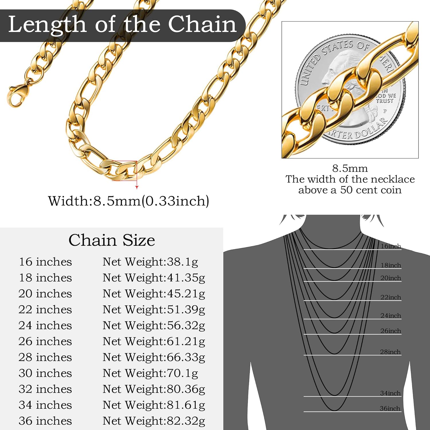 Estendly Gold Plated Figaro Chain Necklace Stainless Steel Figaro Link Chain for Men Women - Image 6