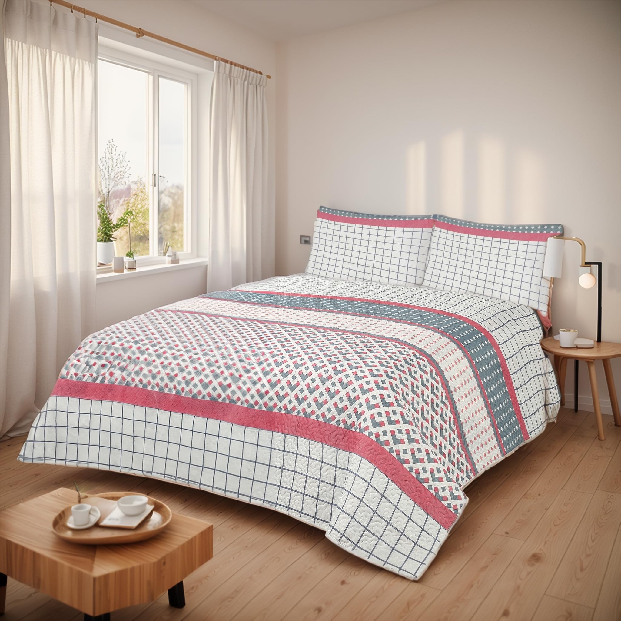 Colcha Bouti Reversible Estampada 100% Microfibra Extra Suave Colcha Cubre Cama Multiusos para Primavera y Verano Incluye 2 Fundas de Cojín, Cama 140/150/160cm - 250x260cm - Cuadros vibrantes