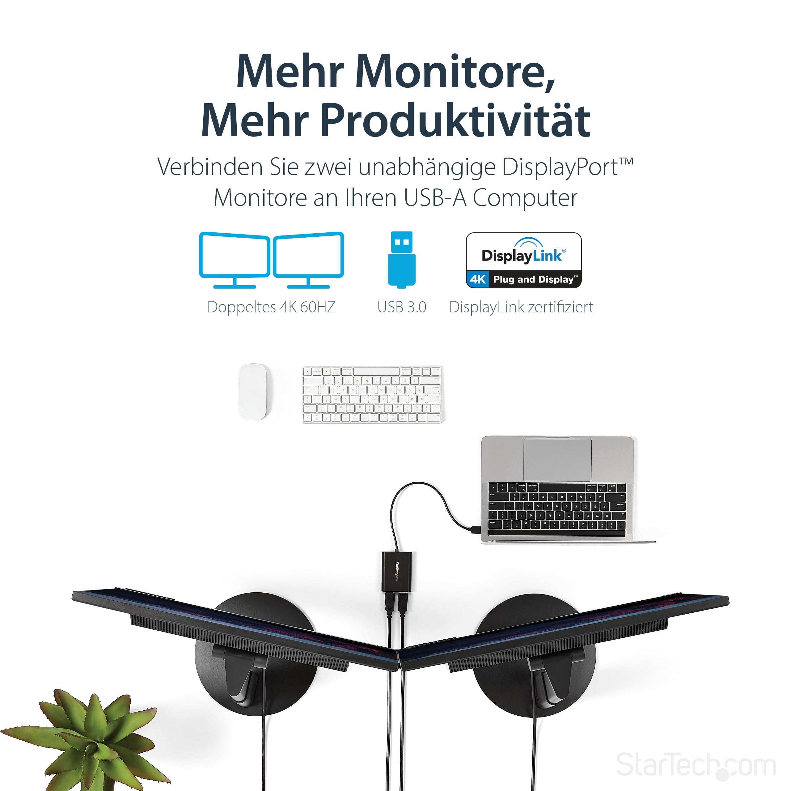 StarTech USB 3.0 auf Dual DisplayPort Adapter, 4K 60Hz (USB32DP24K60) | DisplayLink zertifiziert, Dual Monitoradapter, USB-betrieben, Für Mac und Windows, 5Gbit/s