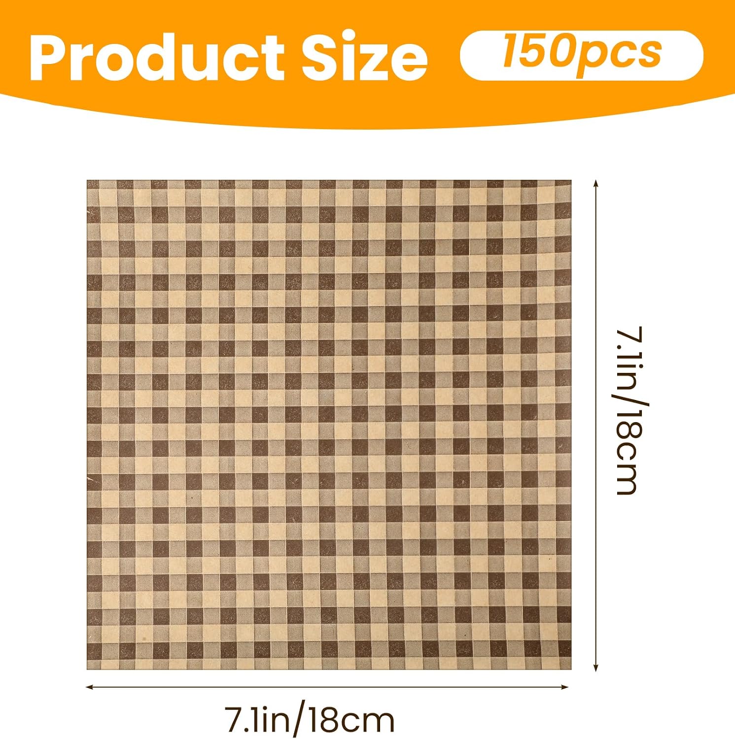 150PCS Wax Paper for Food, 7 * 7 inch Grease Proof Wax Paper Sheets for Baked Goods Picnic Bakery Food Basket Liners, Brown Checkered (Oil-Resistant Parchment Paper)