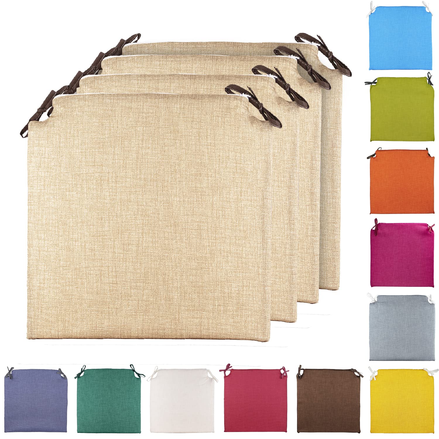 TIENDA EURASIA® Pack 4 Cojines para Sillas - Estampados Lisos con 2 Cintas de Sujeción - Ideal para Interiores y Exteriores - 40 x 40 x 3 cm (Beige)