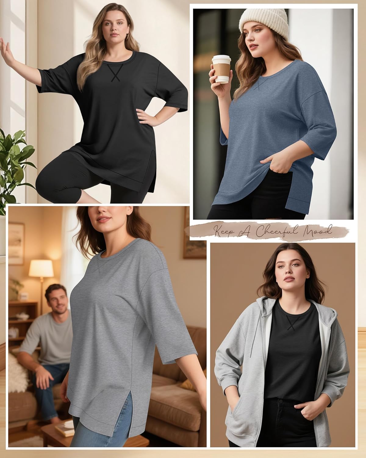 3 Pack Women's Plus Size 3/4 Sleeve Tops Side Slit Round Neck T-Shirt Loose Fit Casual Basic Tunic Tee - Image 3