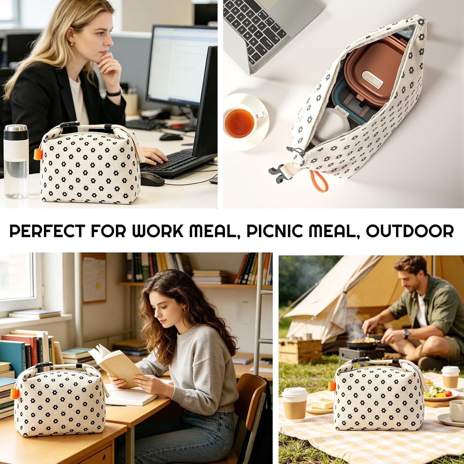SUOXU Insulated Lunch Bag, Reusable Thermal Lunch Box Tote for Women & Men, Large Capacity Leakproof Cooler Bag for Work, Picnic Travel （Pattern 1）