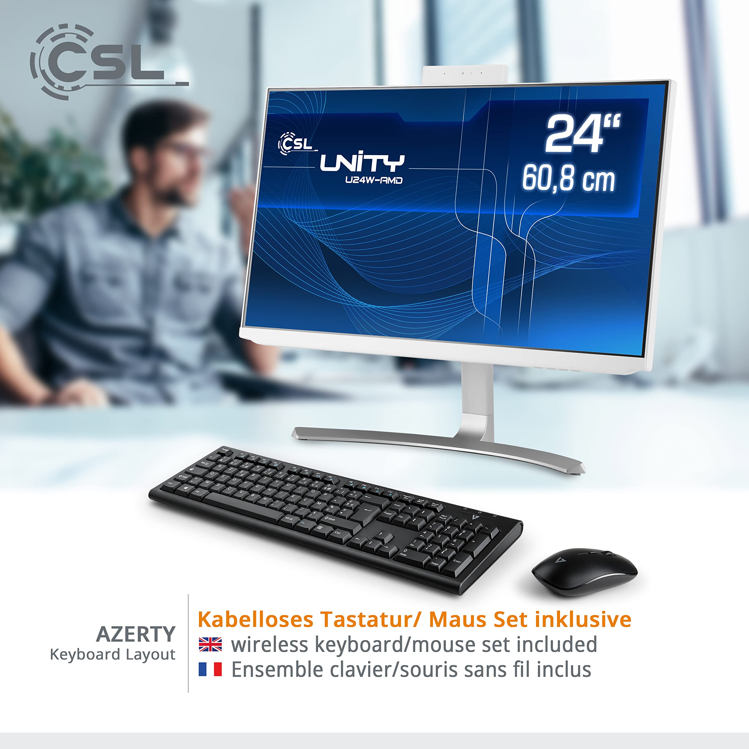 PC Tout-en-Un CSL Unity U24W-AMD, 60,5 cm (23,8 Pouces, 1920x1080 Full HD) - AIO Puissant (AMD Ryzen 7 5700G CPU 8x3800 MHz, 2000 Go SSD, 32 Go DDR4-RAM, Windows 11 Pro), Blanc