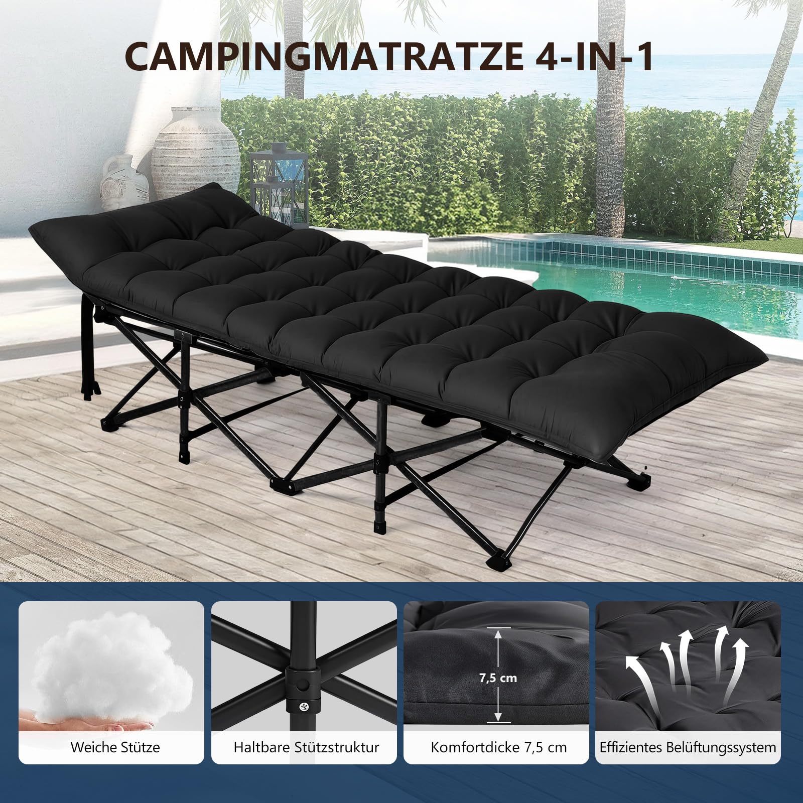 Bonnlo Letto da Campeggio Pieghevole – Lettino da Campeggio in Oxford 600D, Letto da Giardino, per Campeggio e Spiaggia, 190 x 71 x 36 cm (Nero, Con Materasso)