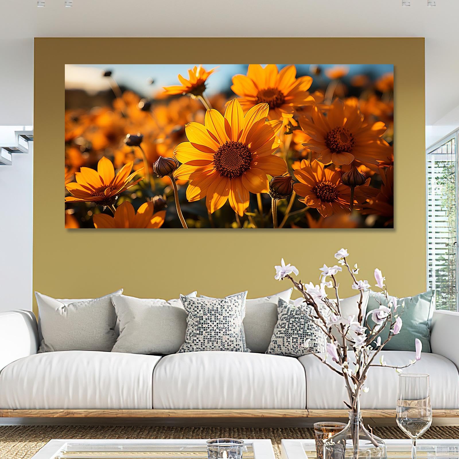Giclée Artwork Girasoles Lienzo Arte de la pared Impresión Paisaje Decoración de la pared Flores para la sala de estar Decoración de la oficina en el hogar 55x110cm (22x43 in) con marco
