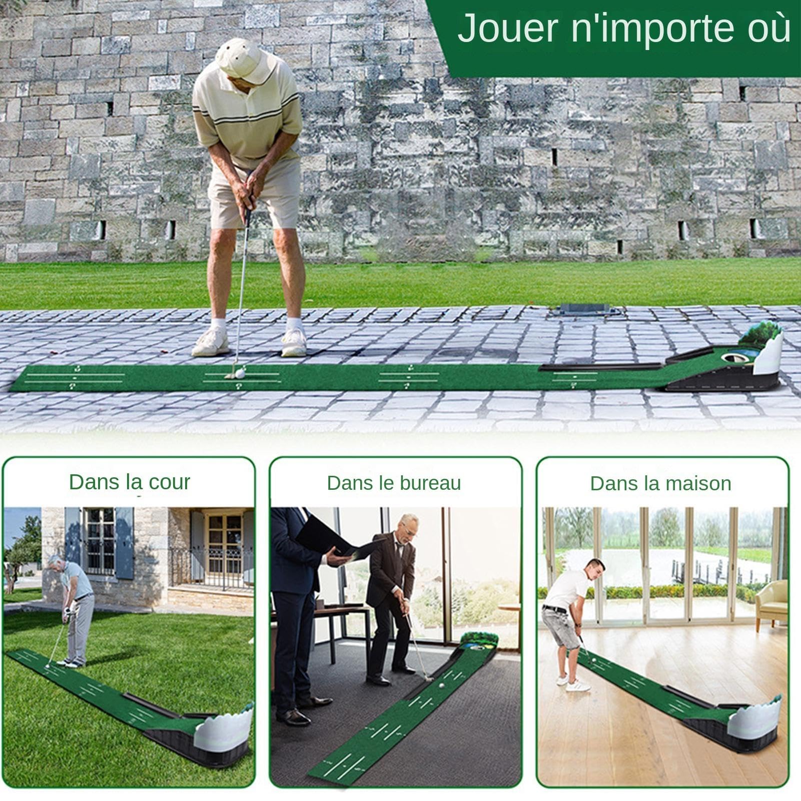 Tapis de putting pour pratique de golf, putting green intérieur,Tapis de golf | Accessoires de Golf à Base en bois massif, utilisation intérieure et extérieure en velours, avec retour automatique de b