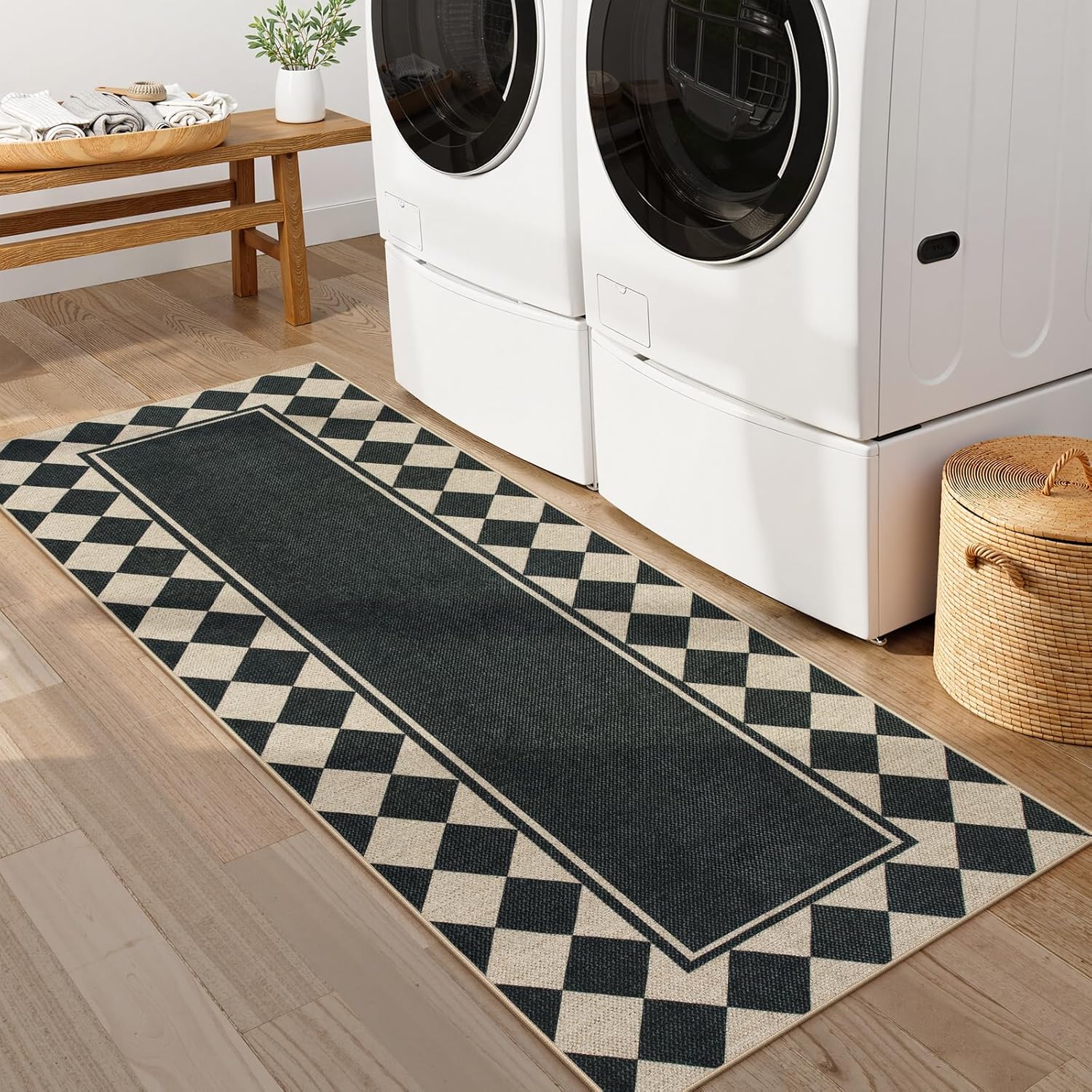 Moynesa Easy Jute Hallways Runner Rugs Washable 2x6 Entryway Rug Runners for Kitchen Black Checkered Indoor Outdoor Carpet for Entryway Patio, Diamond Grid Mat for Bathroom Bedroom Laundry