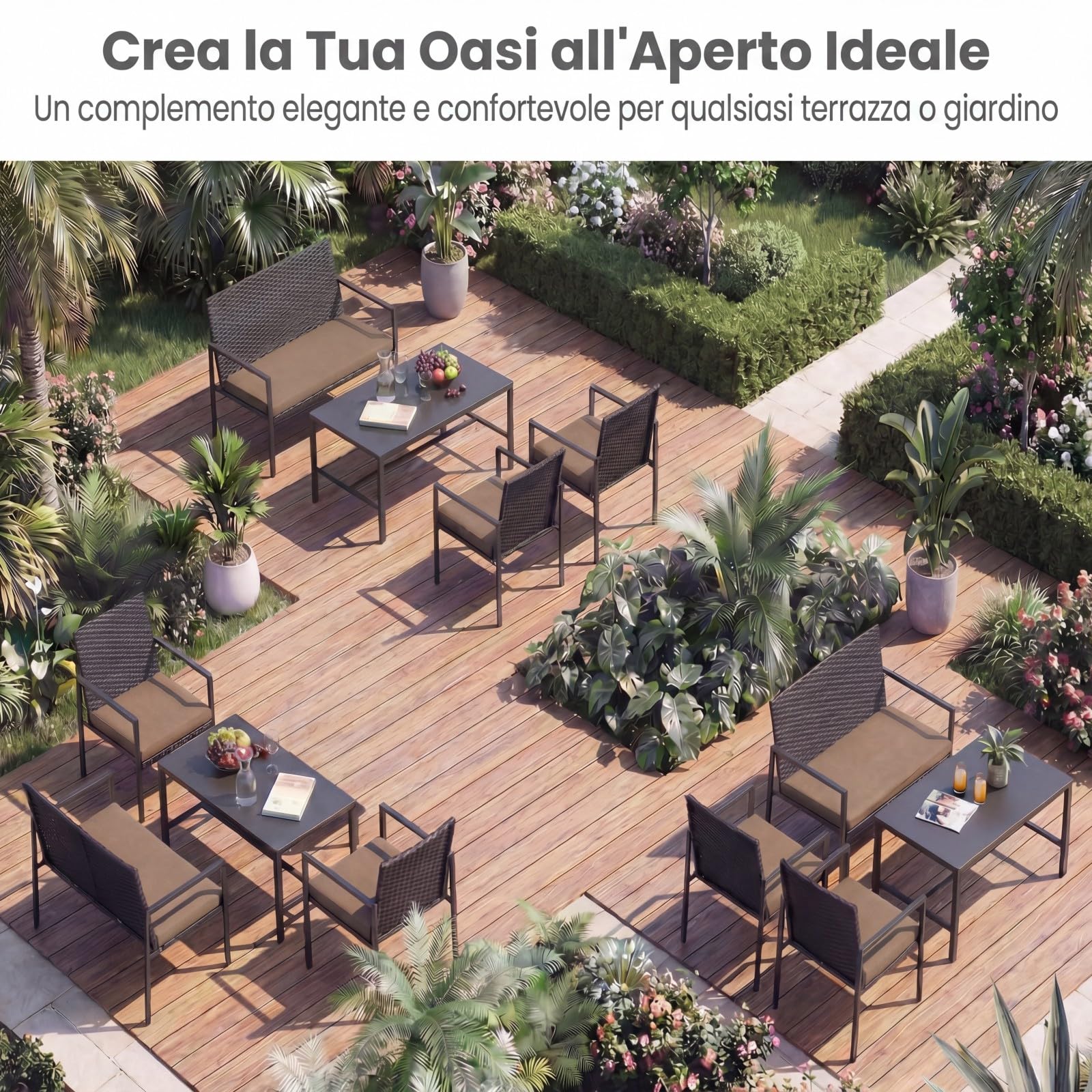 SOARS Set Salotto da Giardino in Rattan 4 Pezzi, Set Mobili da Eterno con 2 Poltrone, Divano a 2 Posti, Tavolino con Piano in Vetro Temperato e Comodi Cuscini per Cortile, Bordo Piscina (Marrone)