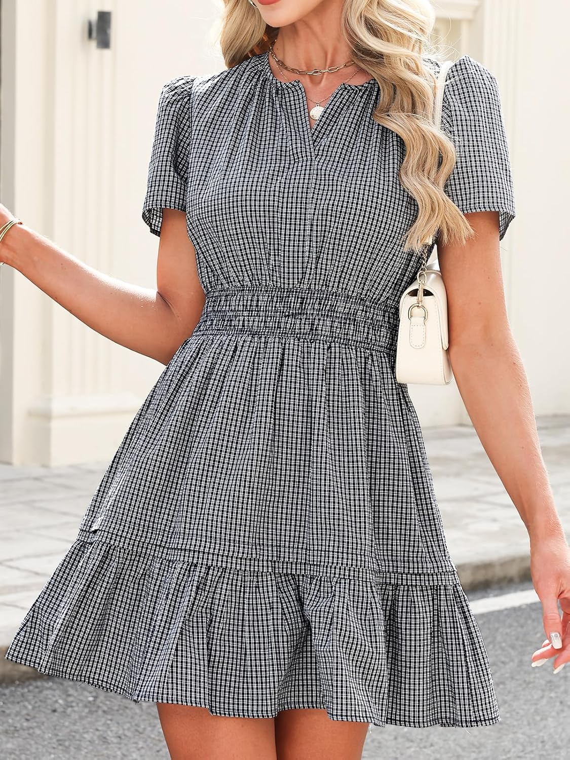 Women Summer Gingham Mini Dress Ruffle Tiered Lightweight Short Sleeve V Neck Elastic Waist Cute Boho Beach Dress - Image 8