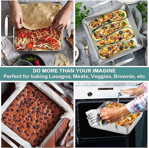 Miniatura 5 de P&P CHEF Soporte para Pollo con Lata de Cerveza con Juego de Bandeja para Asar, Molde Cuadrado de Acero Inoxidable de 9 Pulgadas y Rejilla para