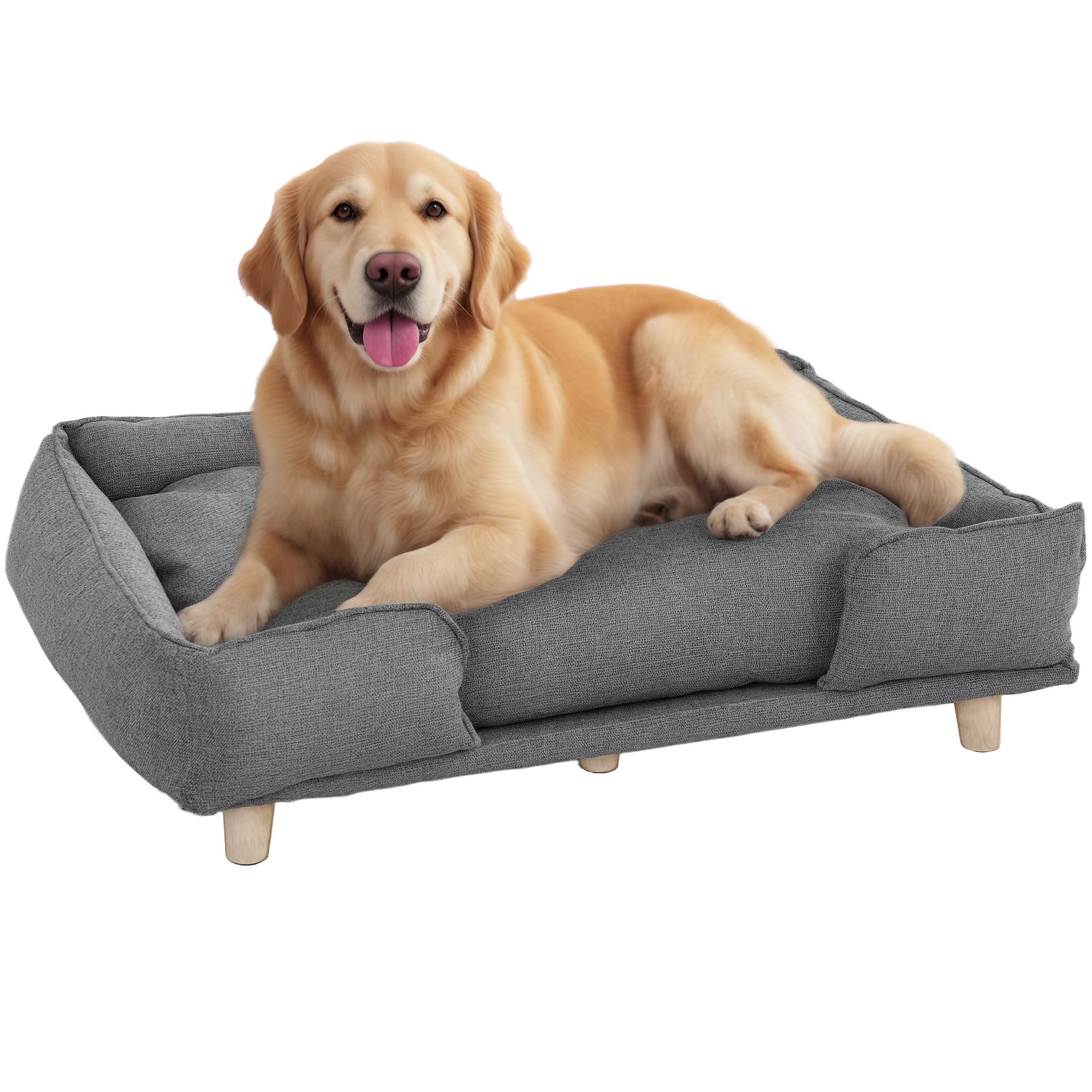 PawHut Divano per cani Poltrona per cani con schienale, gambe in legno Cuccia per cani con poliestere Divano per animali domestici Divano per gatti per cani di grossa taglia fino a 30 kg e 60 cm di