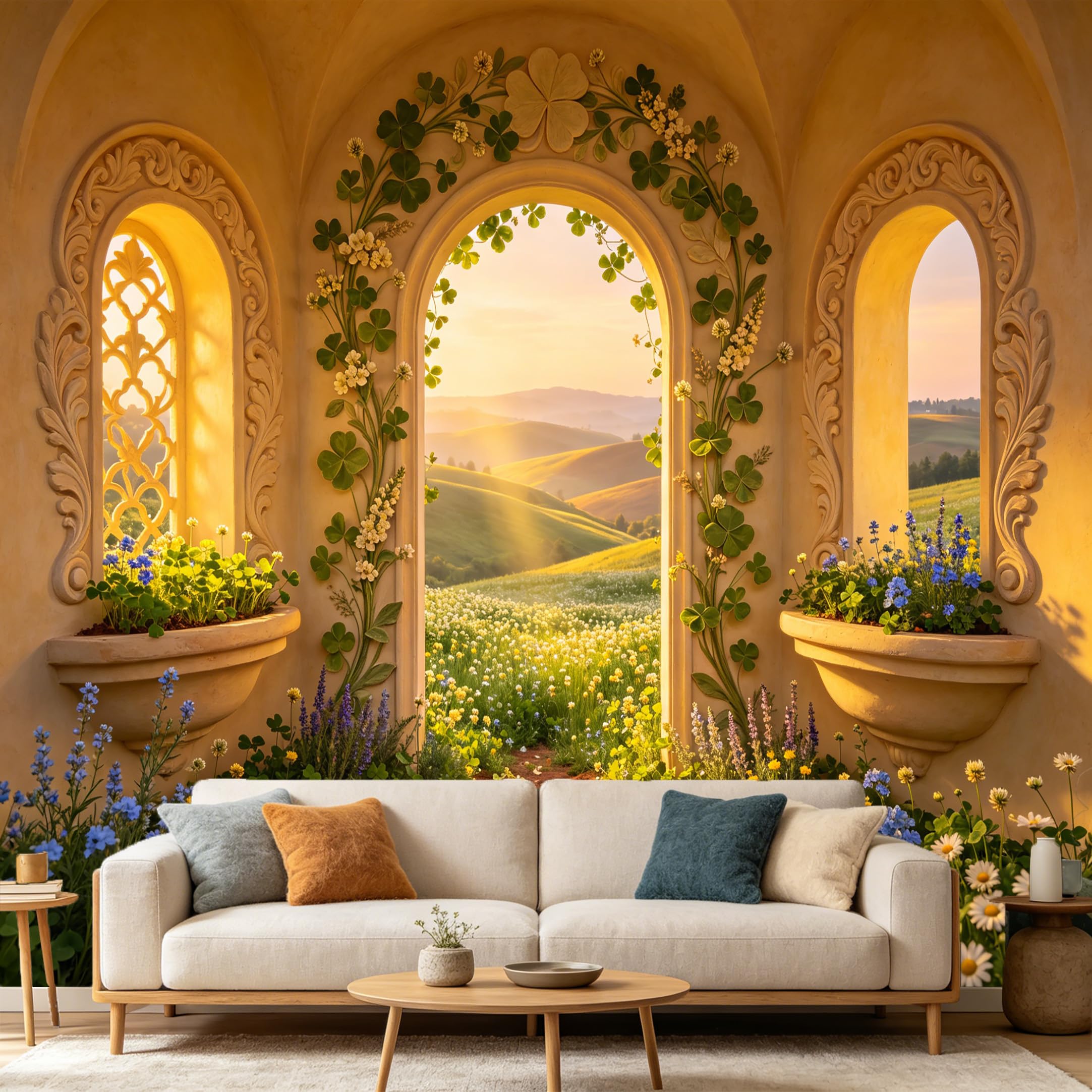 Custom Size Wall Mural， 3D Archway Tuscany Landscape Sunset Flower Garden， SelfAdhesive Art Prints wall Fabric Removable Large Wallpaper Home Living Room Decor