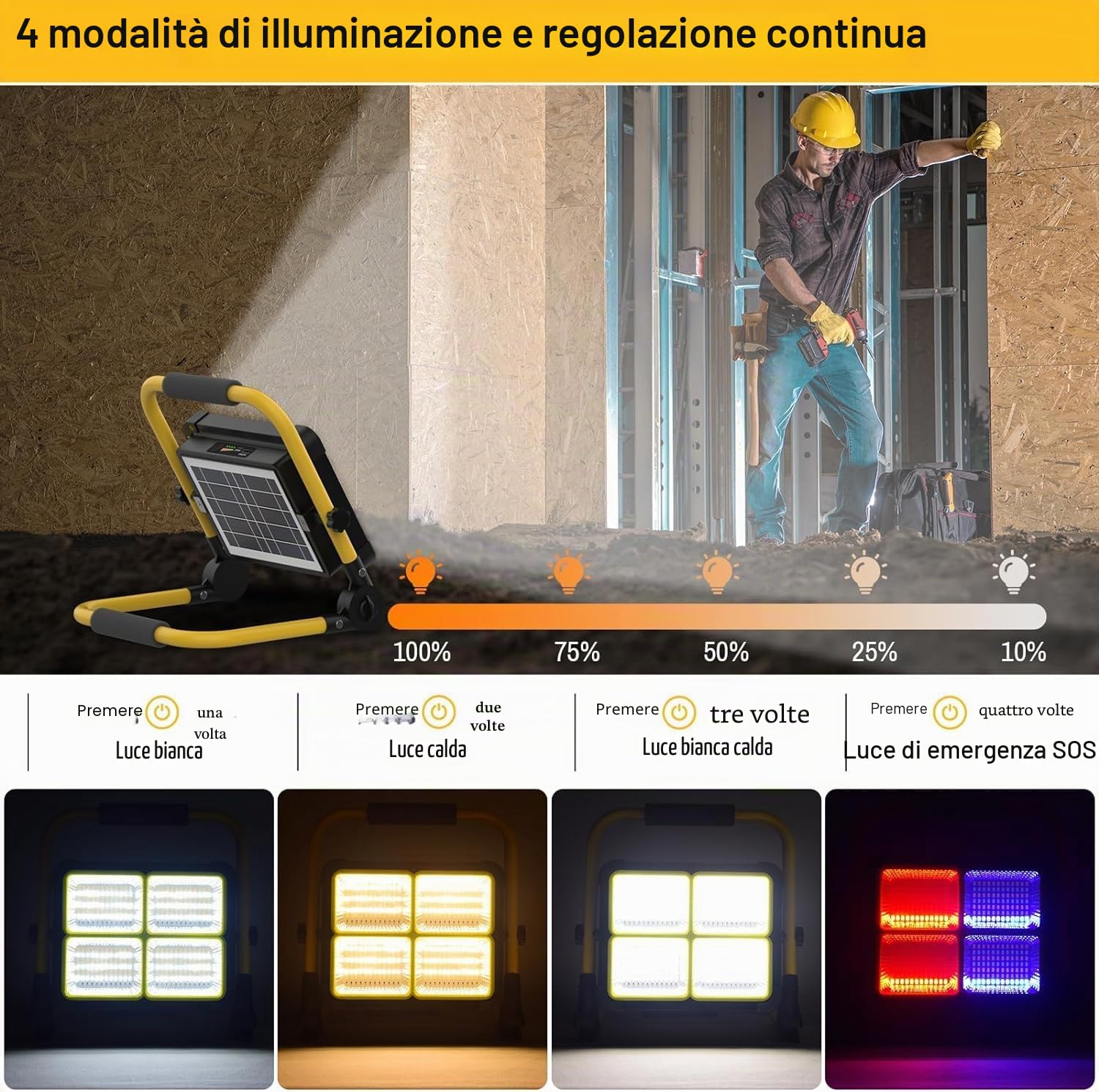MASMEJOR Faro LED Ricaricabile Solar, Supporto Metallico, 10000LM, 12000mAh | 100W, 336 LEDs, 4 Modalità Luce, Base Magnetica, Uscita USB, Portatile per Campeggio, Garage, Pesca, Emergenze