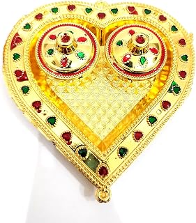 Decorative Heart Shaped Puja Thali, Gold Plated Metal with Red and Green Stone Work, Traditional Indian Pooja Plate with Diya Holders
