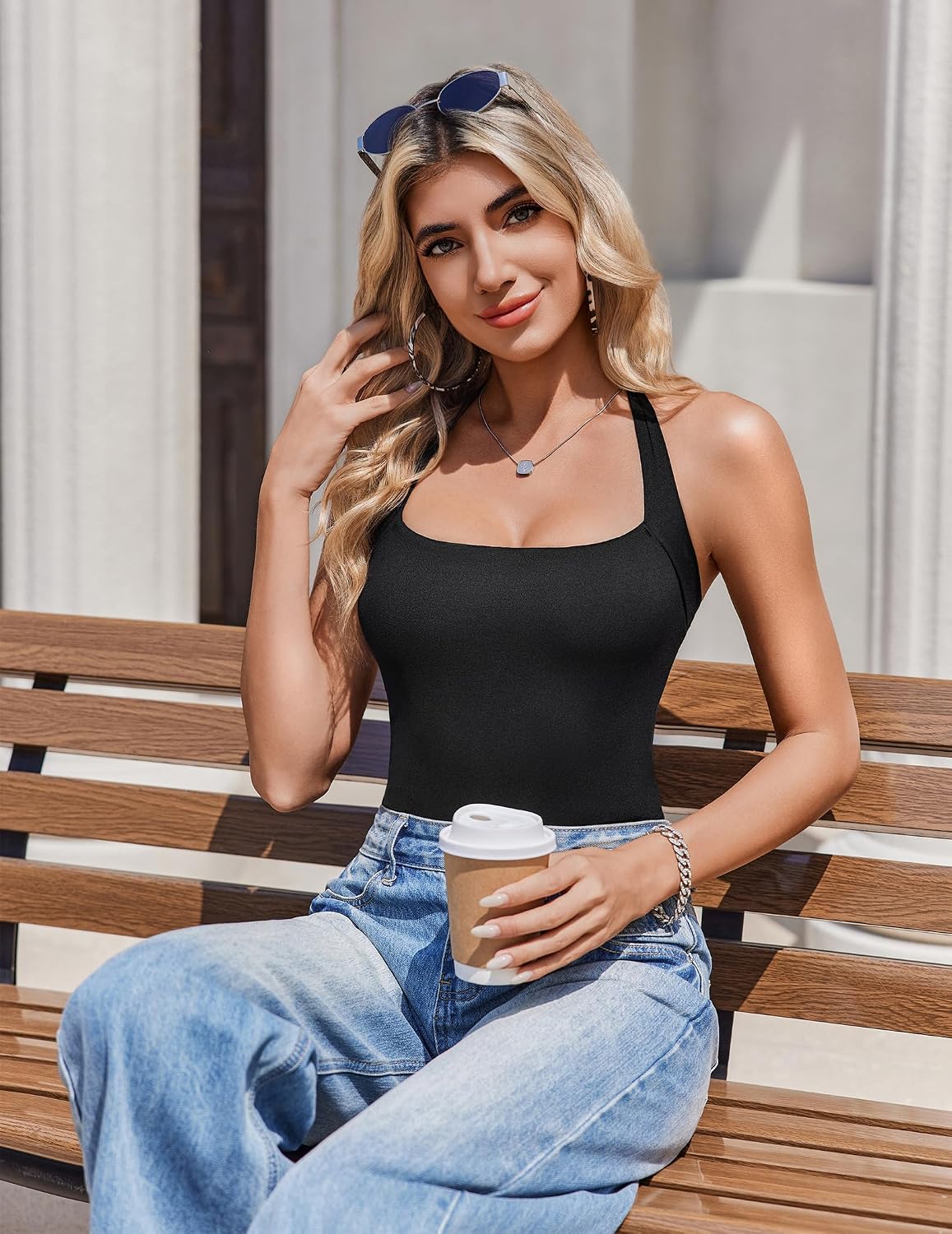 Avidlove Womens Square Neck Halter Bodysuit Sleeveless Double Lined Body Suits Going Out Tops Thong Bodysuit