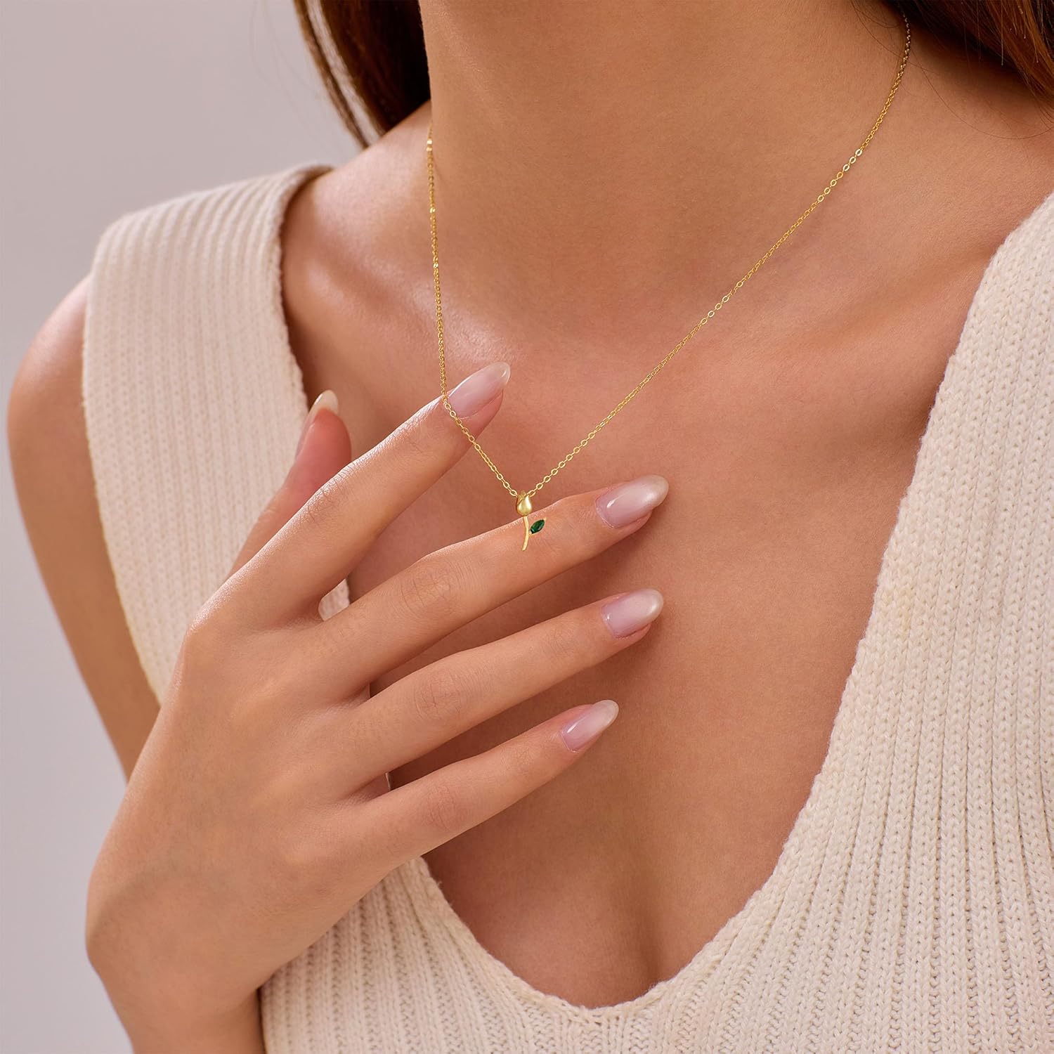 925 Sterling Silver Dainty Chalcedony Tulip Pendant Necklace for Women 14K Gold Plated Cute Lily Flower White Green Cubic Zirconia Leaf Necklaces to Daughter Choker Chain Valentine's Day Gift - Image 5