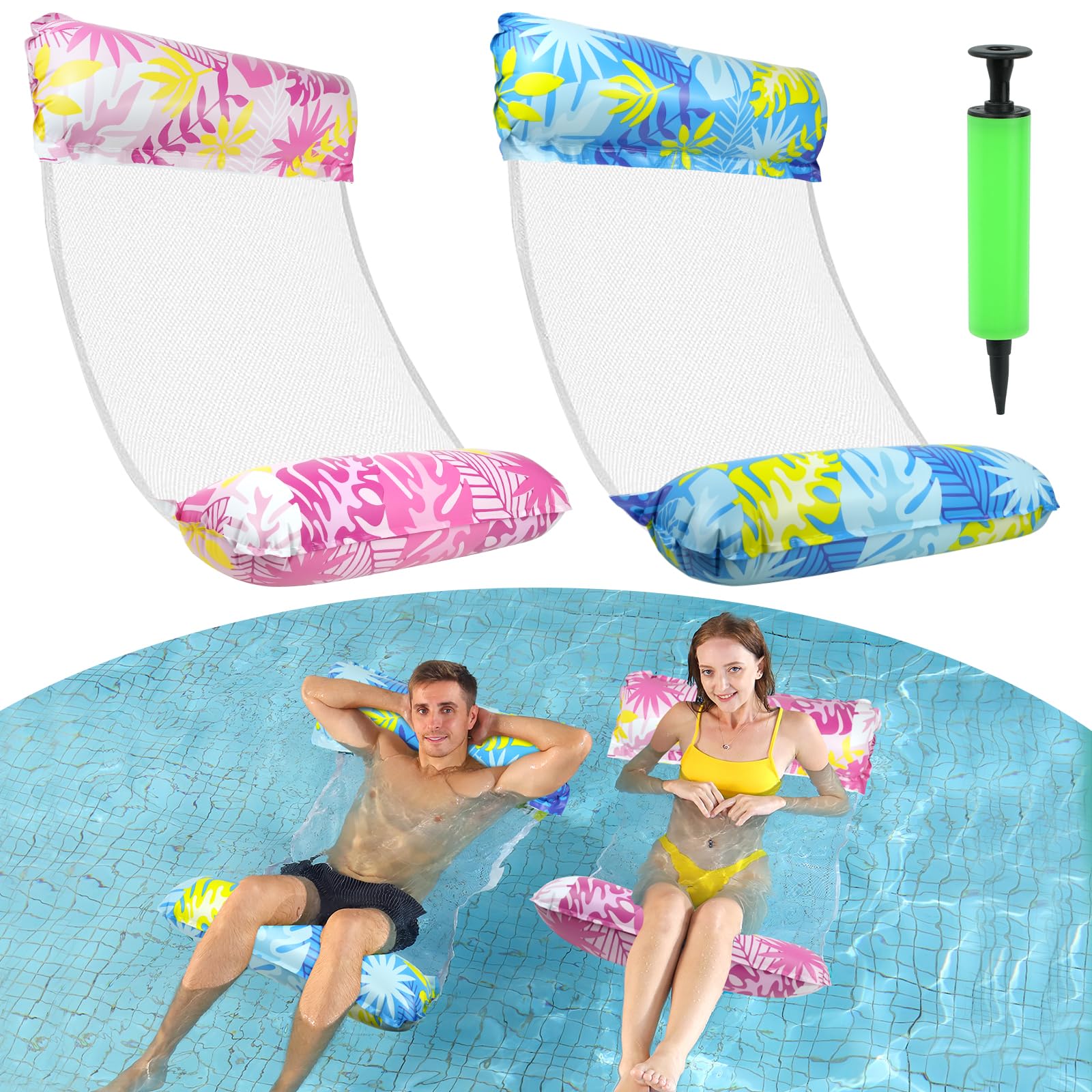 MOSTFUN 2 Pack Inflatable Pool Floats, 4 IN 1 Pool Hammock Floats for Adults, Water Hammock Lounge Chair Air Mattress Pool Party Toys with Manual Pump (Blue, Pink)