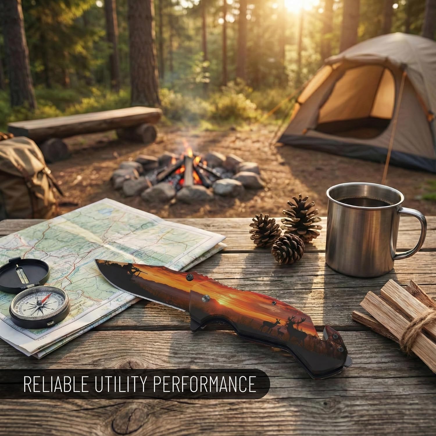 Outdoorsmen Pocket Knife - Outdoor Knives, Wildlife Pocket Knife, Digital Printing On Blade - Hunting Accessories For Men - Cool Folding Knife With Pocket Clip - 420 Stainless Steel Blade - Unique Designs for Outdoorsmen & Collectors