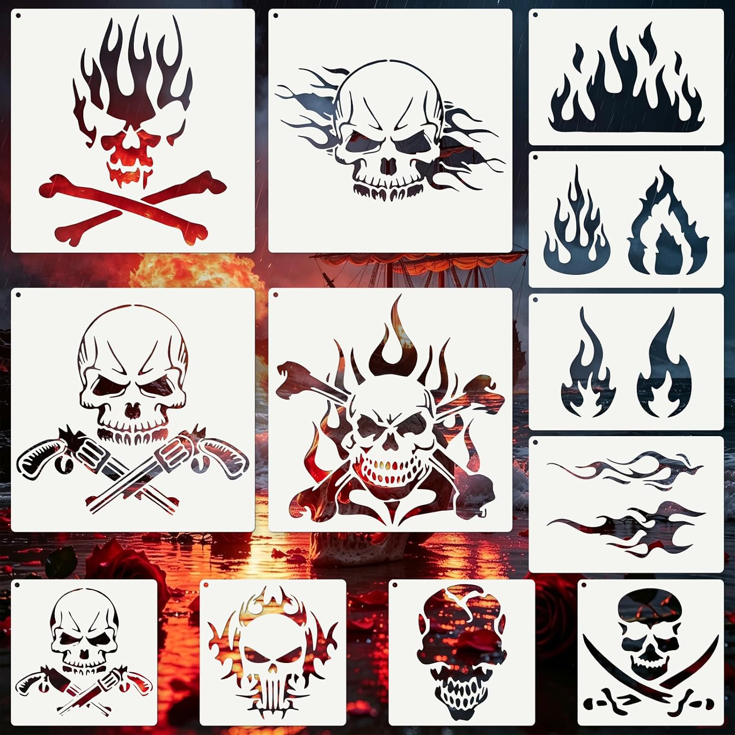Skull Pirate Flame Stencils for Crafts Reusable 12Pcs Art Painting Stencil
