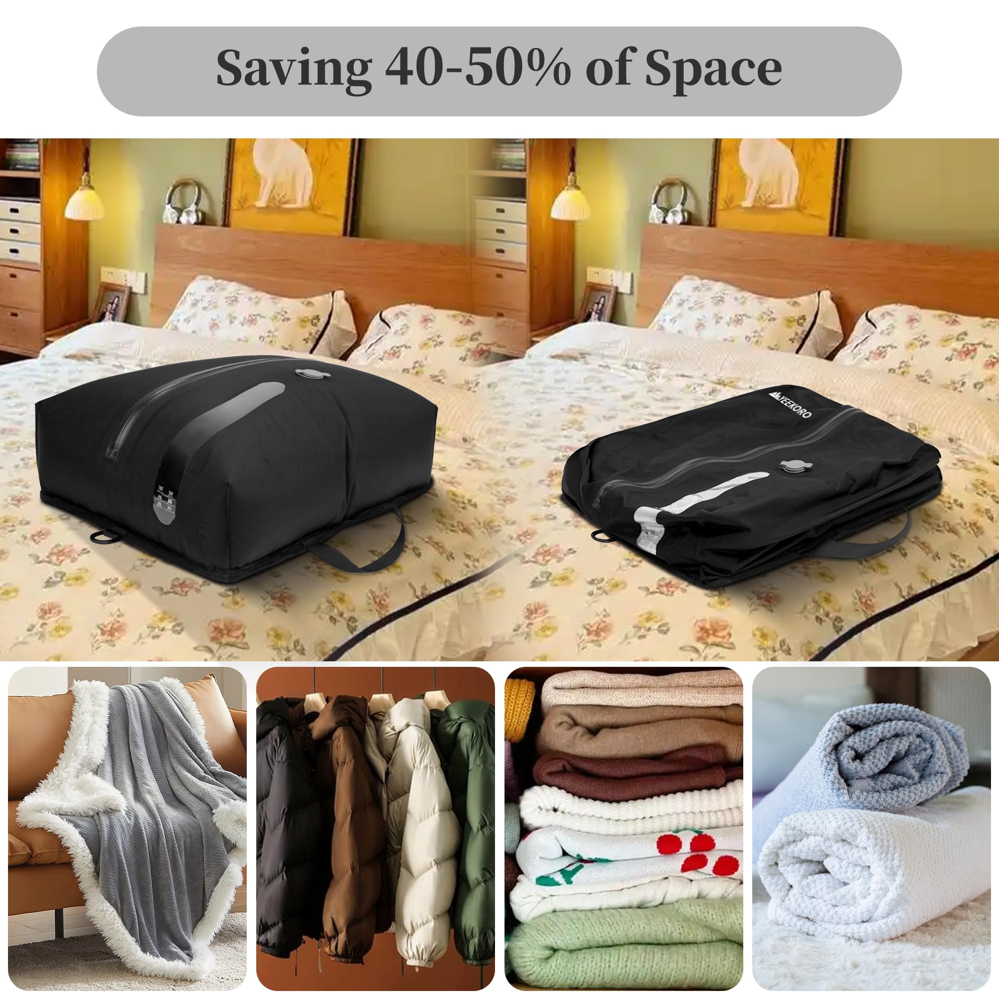 Sacs sous vide pour voyage, professionnels IP67 réutilisables, sacs de compression sous vide pour valises de voyage et sac à dos, sac économiseur d'espace durable (noir, sans pompe)
