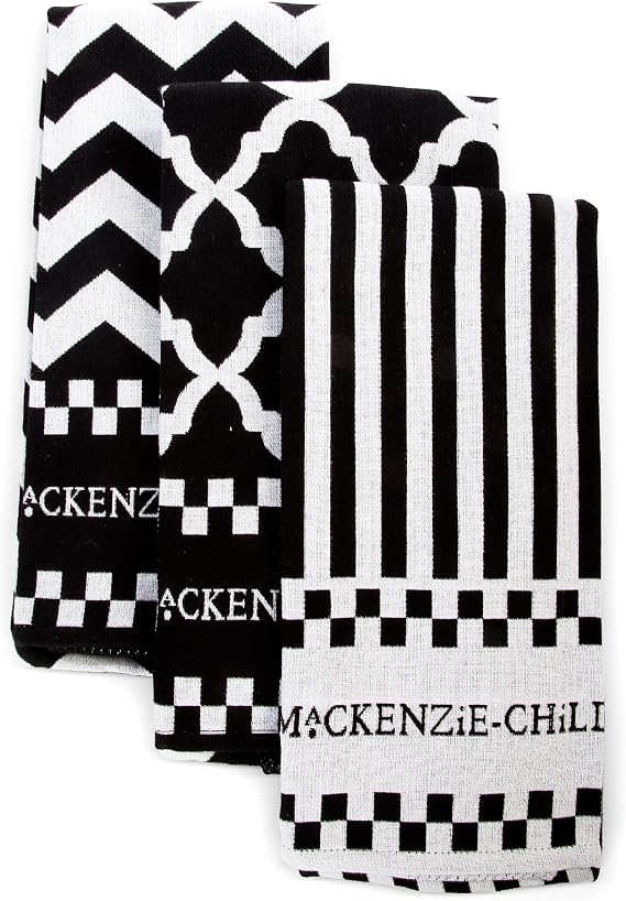 MACKENZIE-CHILDS Set of 3 Cotton Dish Towels Decorative Kitchen Towels Black-and-White Zig Zag