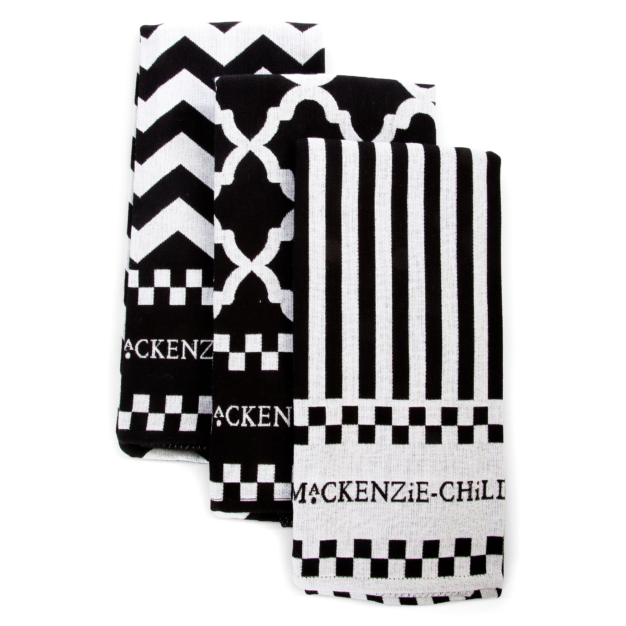 MACKENZIE-CHILDS Set of 3 Cotton Dish Towels, Decorative Kitchen Towels, Black-and-White Zig Zag
