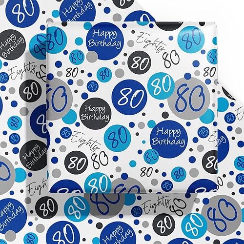 WRAPAHOLIC Hoja de papel de regalo de cumpleaños, 6 hojas de diseño de Bliue 80 cumpleaños, plegada plana para cumpleaños, fiestas, baby showers,