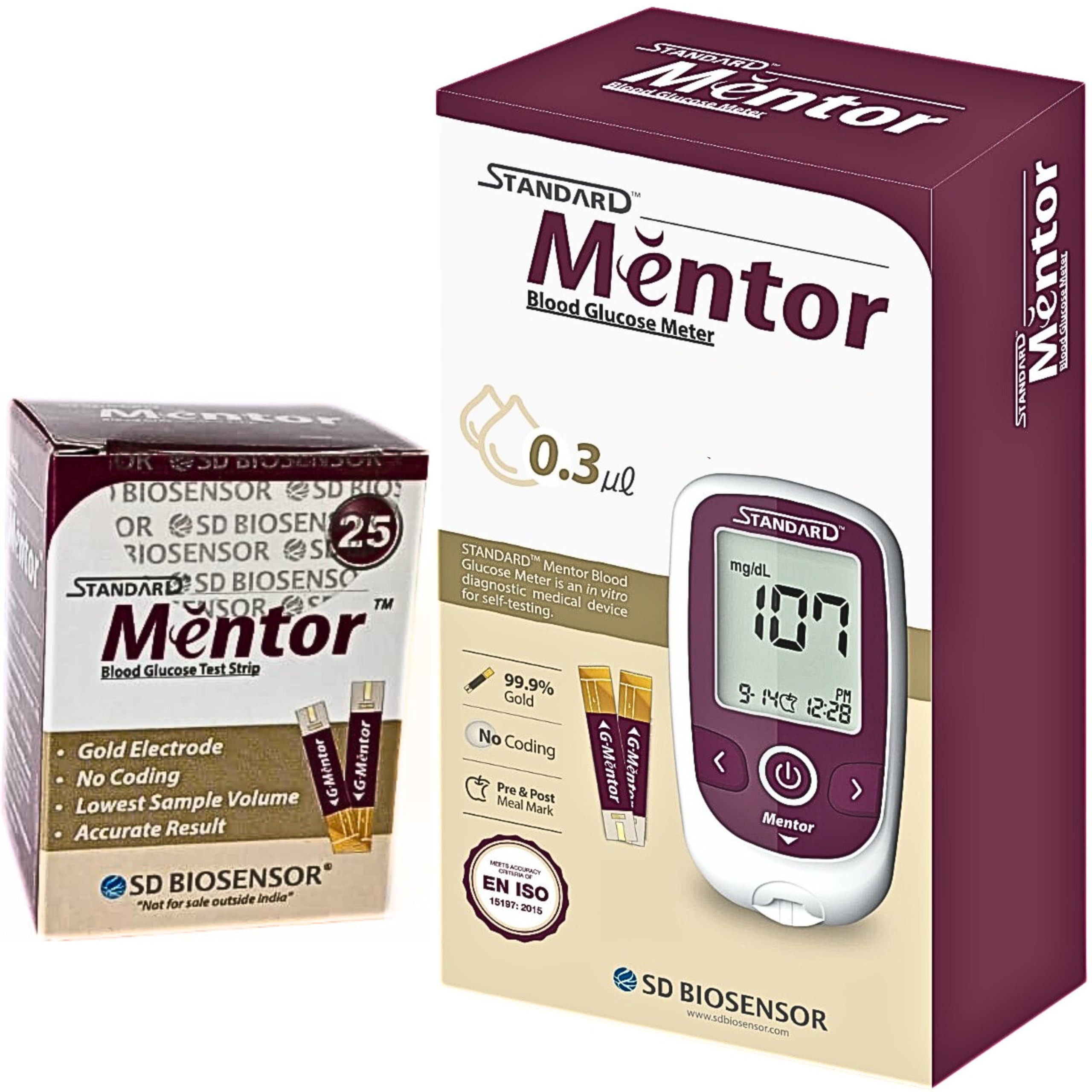 STANDARD Mentor Digital Blood Glucose Meter for self Diabetes testing monitor machine with 25 Strips & complete medical device Kit - Glucometer (Magenta)
