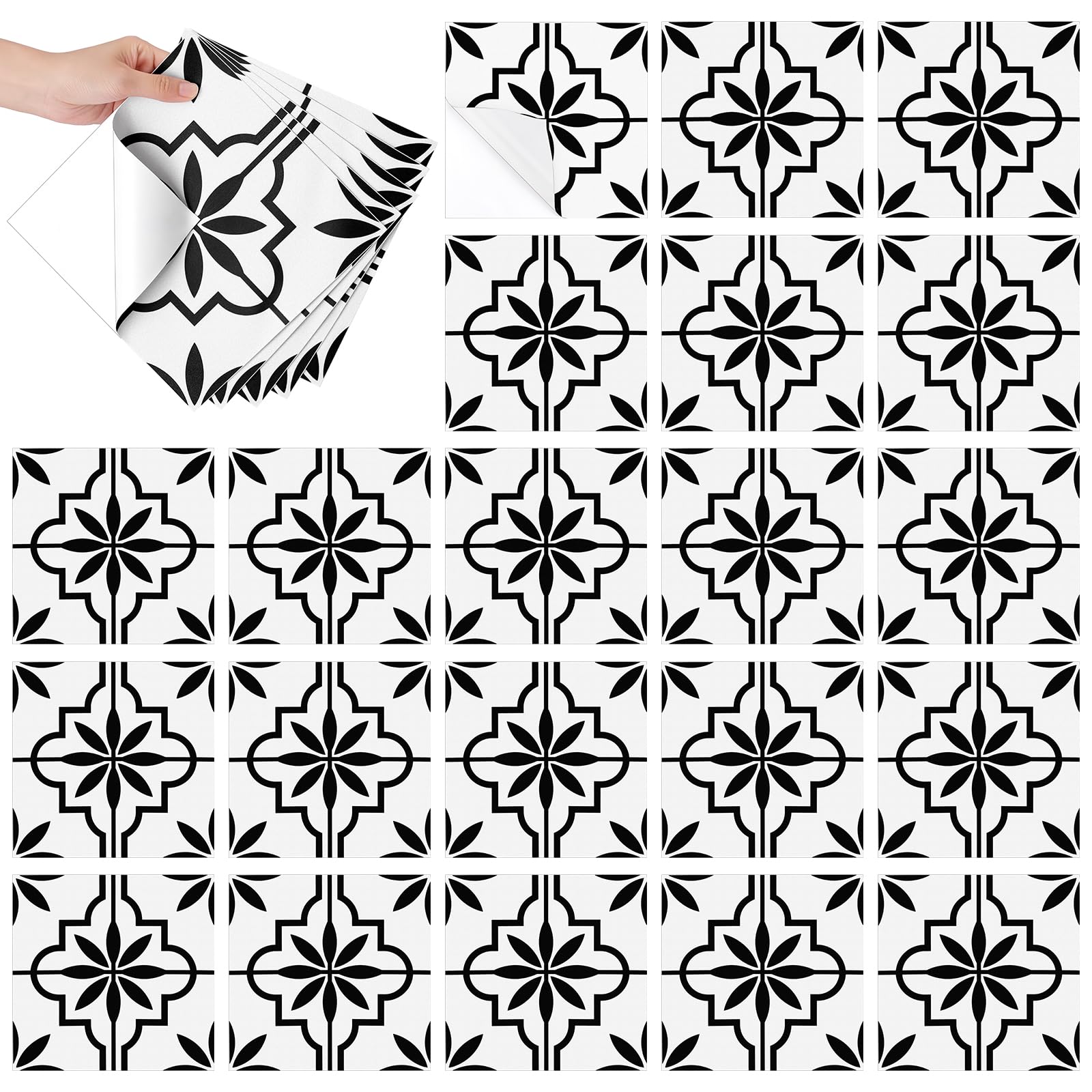 INTERWARM 40Pcs PVC Peel and Stick Floor Tile, 20.2x20.1cm Self Adhesive Vinyl Flooring, Waterproof Non-Slip Geometric Square Tile for Bathroom Kitchen Bedroom DIY Home Upgrade, Black
