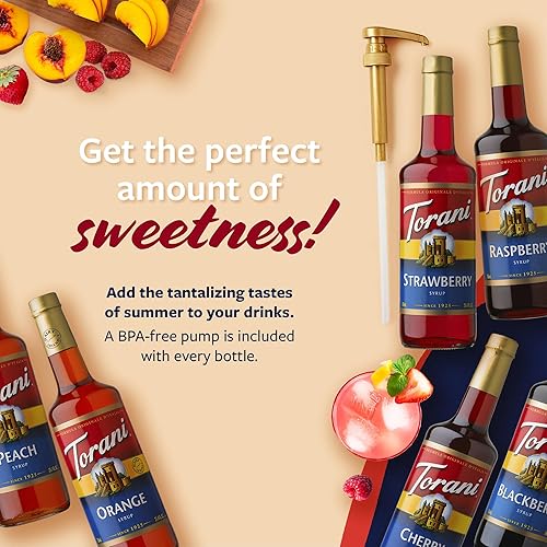 Miniatura 4 de Torani Variedad de jarabe de fruta, paquete de 6, sabor a fresa, melocotón, frambuesa, mora, naranja y cereza para bebidas, bombas incluidas, 25.4