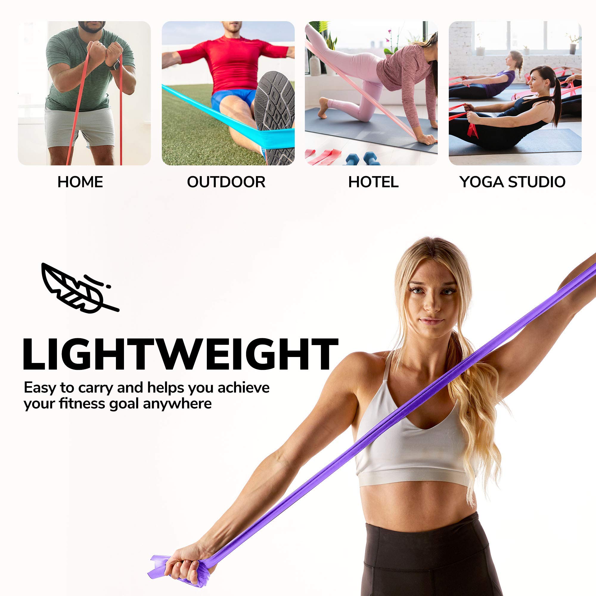 Fascia di resistenza piatta USA resistente viola 2,1 m di lunghezza. Senza lattice. Ancoraggio porta, custodia per il trasporto, e-book e app per iPhone inclusa, palestra, allenamento della forza, fisioterapia, yoga.
