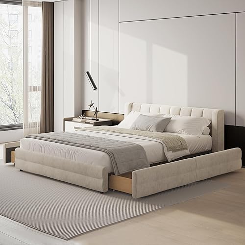 DEINPPA Bastidor de cama tamaño Queen con 4 cajones de almacenamiento y cabecera suave tipo nube, base de madera con tapizado de chenilla, no