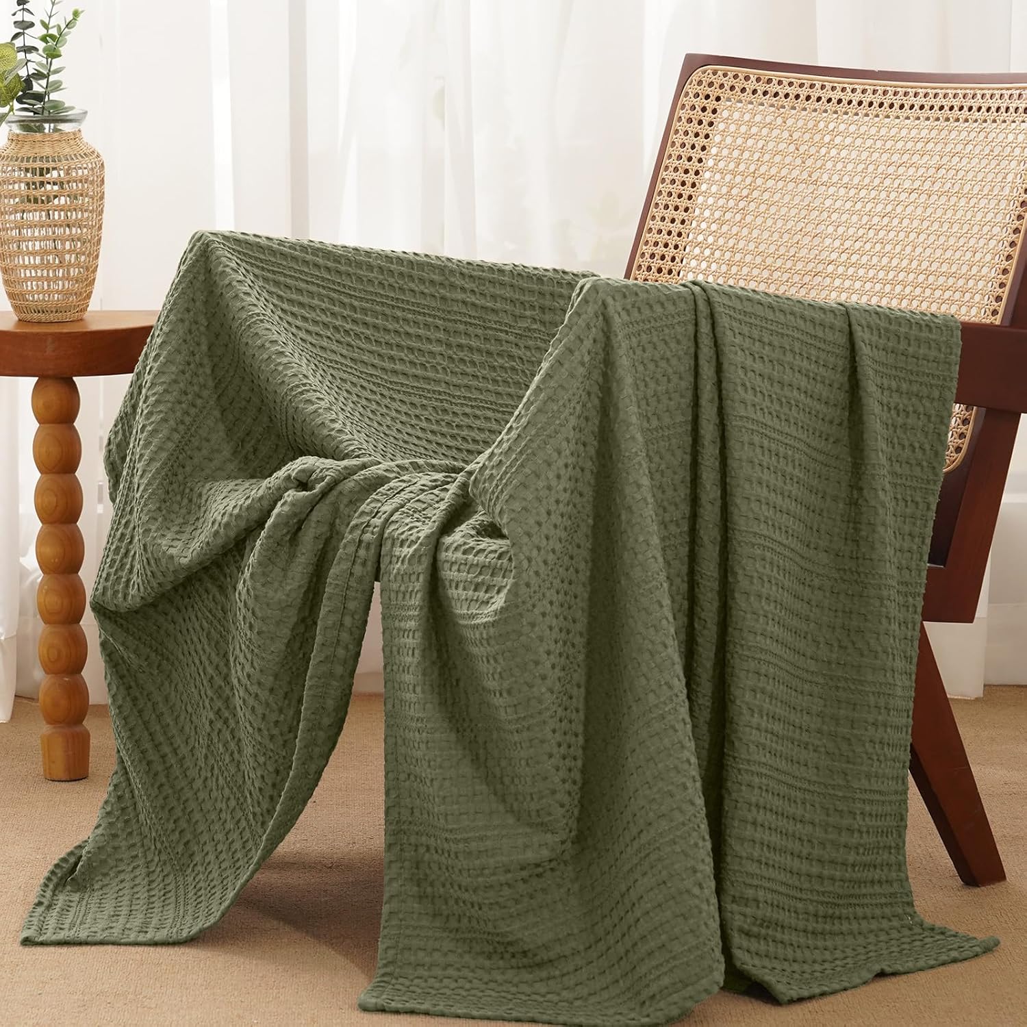 PHF Lightweight Waffle Weave Throw Blanket 50"x 60", Soft Woven Summer Blanket for Hot Sleepers - Aesthetic Home Decor for Couch Bed Sofa, Pet Friendly, Olive Green
