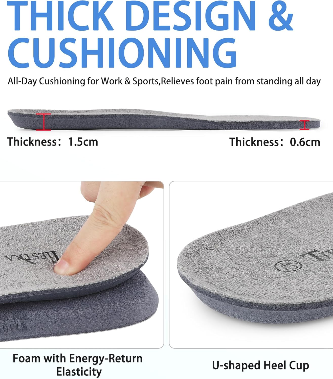 Cotton Terry Cloth Sockless Shoe Inserts - Breathable & Moisture-Wicking Foot Cushions | Shock Absorbing Thick Memory Foam Insoles for Barefoot Comfort| Washable Grey Men EU43/US 10 - Image 4