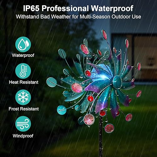 Miniatura 5 de Molinillo de viento solar, 60.63 pulgadas de metal para exteriores, bola de vidrio LED multicolor alimentada por energía solar con escultura de