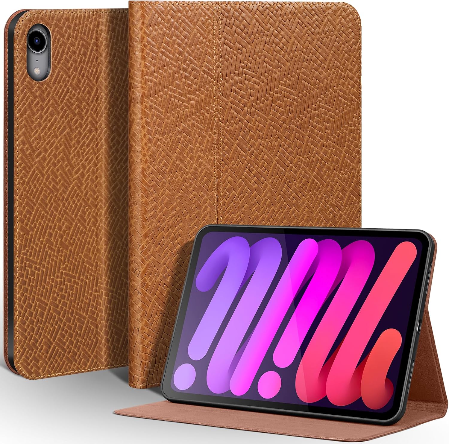 Leather Case for iPad mini 7 (A17 Pro) 2024 / iPad mini 6 Generation 2021 8.3 Inch, Full Grain Leather Cover,Protective Smart Folio with Auto Sleep/Wake, Anti Slip, Black Silver