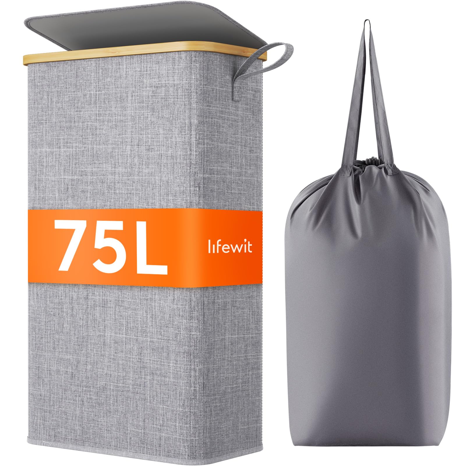 Lifewit 75L Slim Laundry Basket with Lid, Foldable Laundry Hamper Drity Clothes Washing Basket Toys Towels Storage with Bamboo Handle, Removable Inner Bag for Bedroom Bathroom,Light GreyRecycled Claim Standard 100