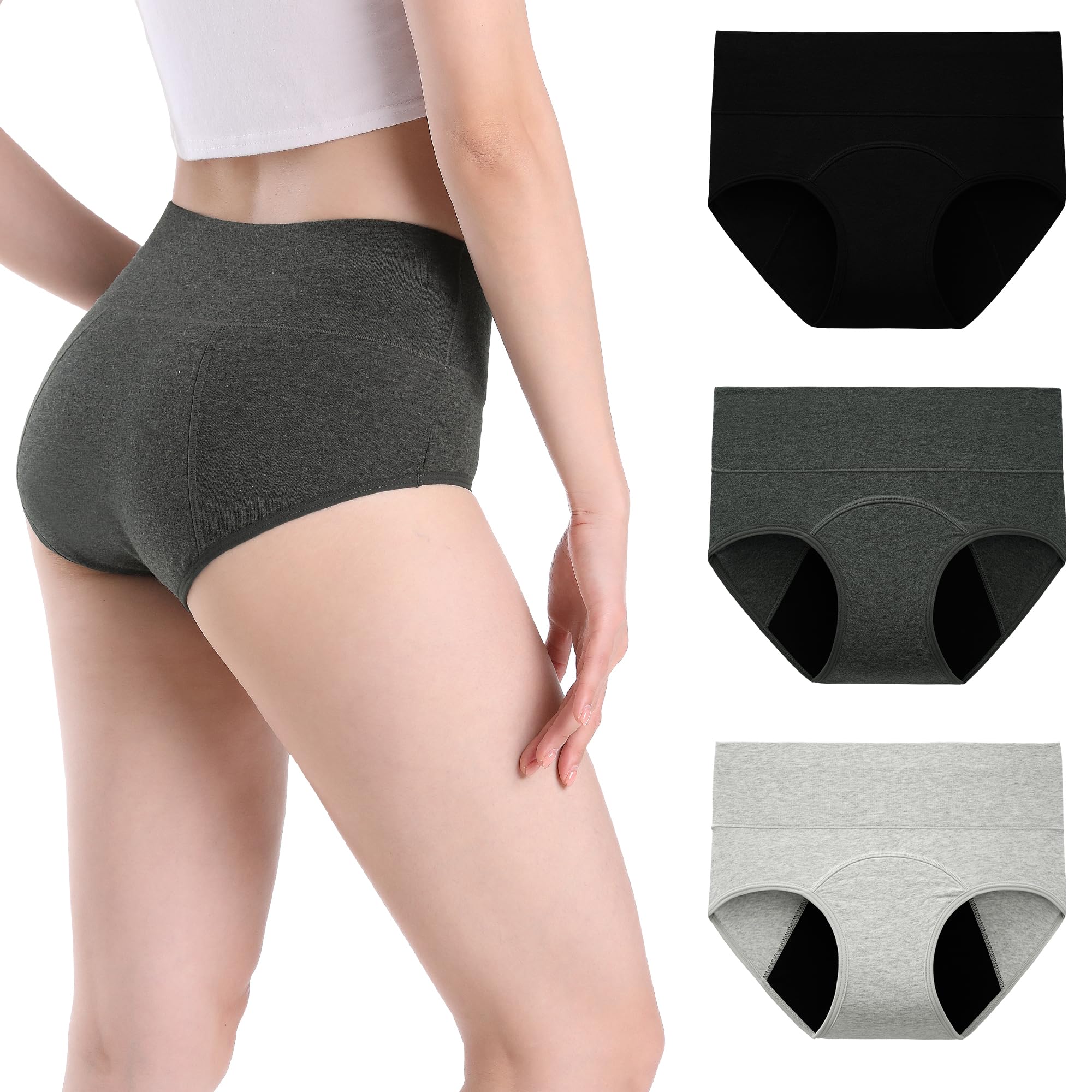 INNERSY Bragas Menstruales Mujer Cintura Alta Braga Menstrual Algodón Ropa Interior Protección Pack de 3