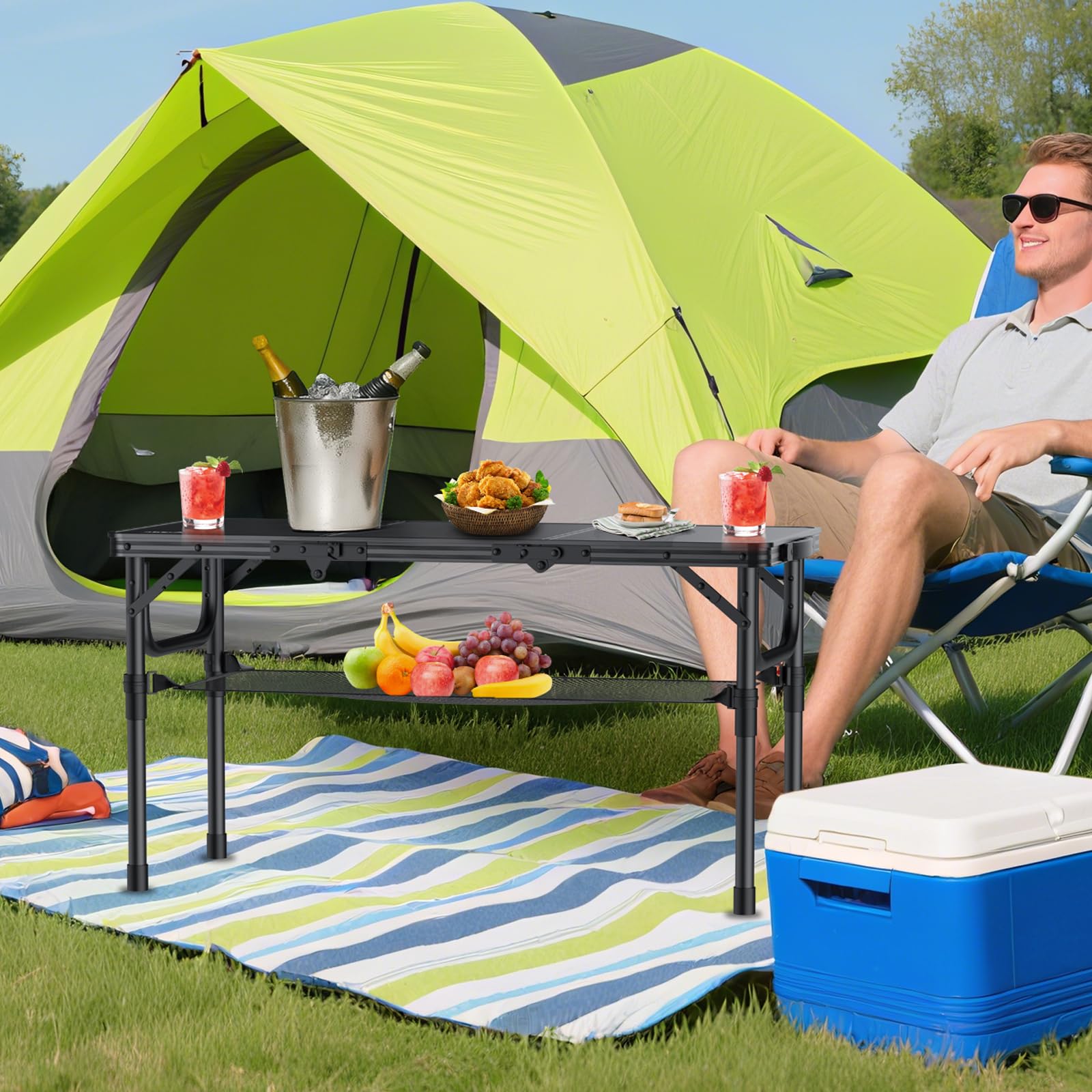 Anbte Tavolo Pieghevole da Campeggio,88 * 40 * 69 Portatile Caffè Tavoli in Alluminio per Giardino,3 Regolabile In Altezza per Picnic/Barbecue/Spiaggia/Cucina/Balcone-Nero