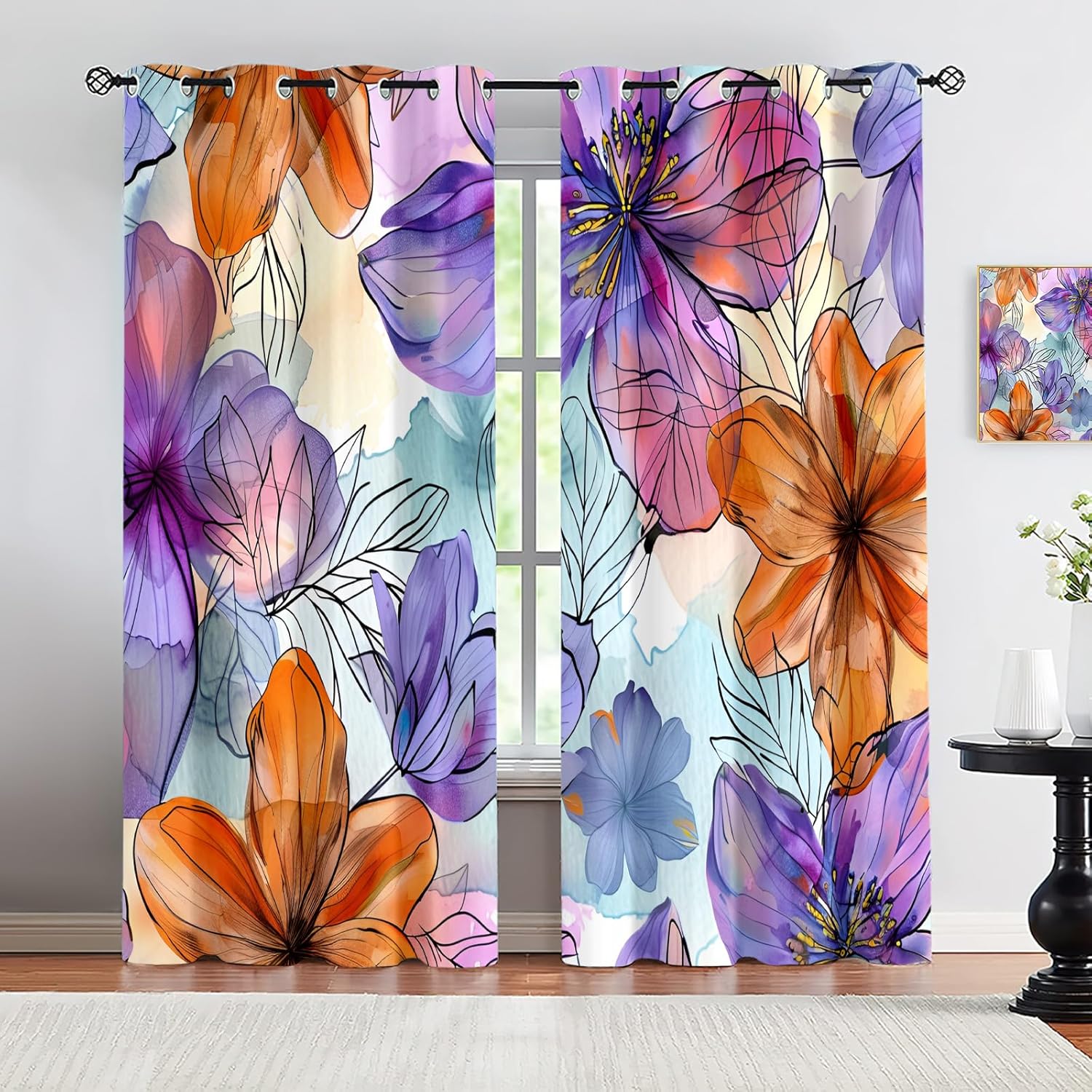 Watercolor Hibiscus Blackout Curtains 40 inch Long, Floral Purple Orange Window Curtains, Grommet Thermal Curtains for Kitchen, Aesthetic Art Home Decor Drapes 2 Panels